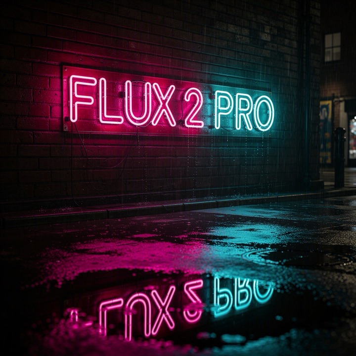 Неоновая вывеска FLUX 2 PRO на мокрой кирпичной стене — пример генерации нейросети